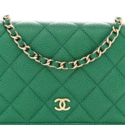 Metallic Caviar Quilted Wallet On Chain WOC Green
