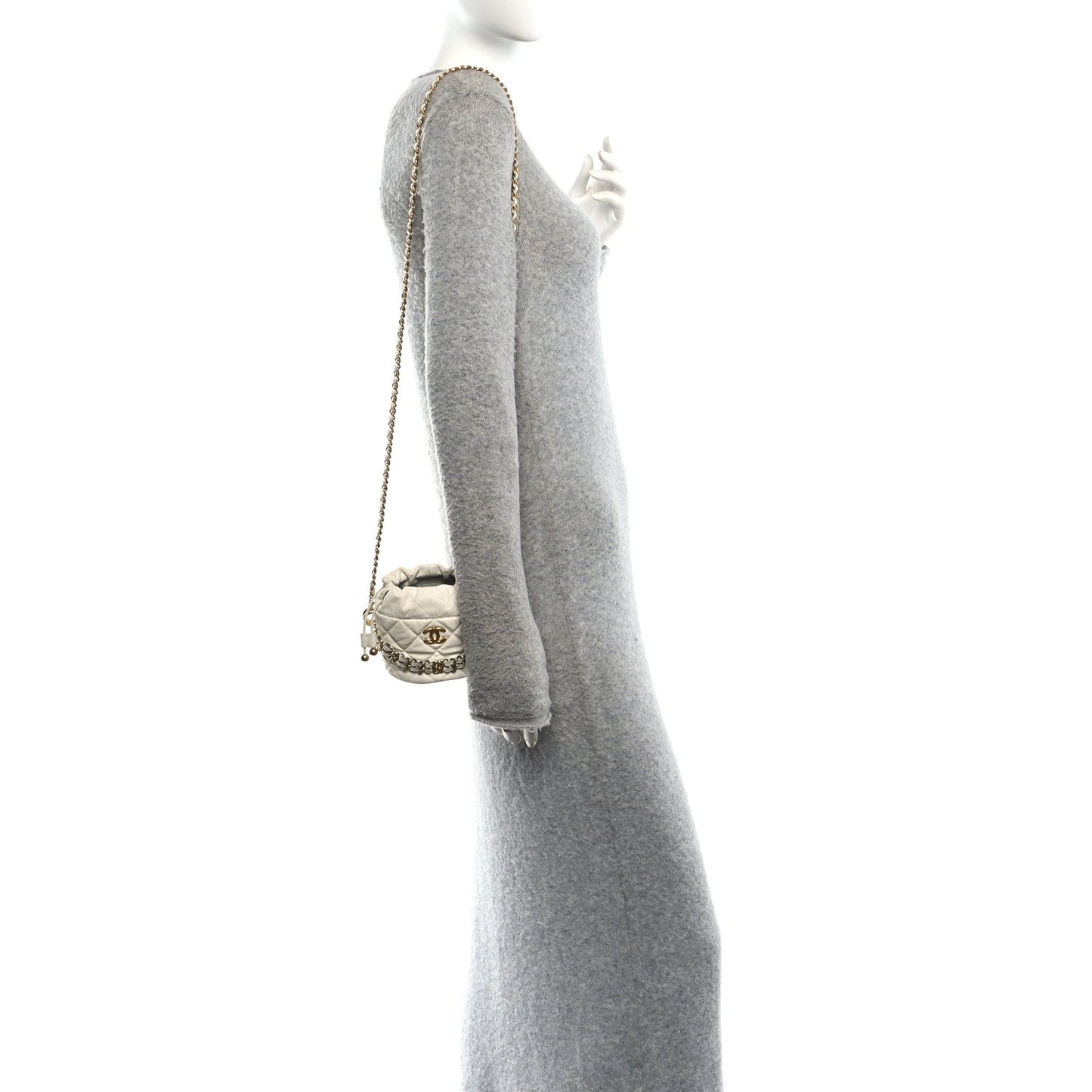 Caviar Quilted Coco First Bucket Clutch With Chain White