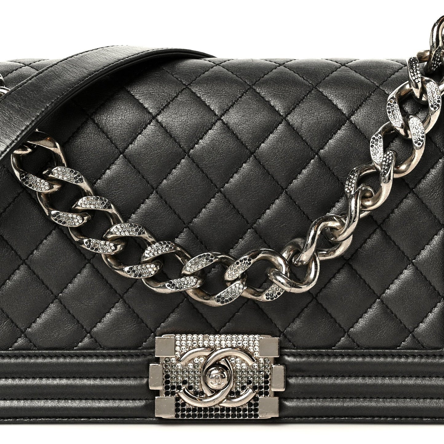 Metallic Lambskin Quilted Crystal Medium Boy Flap Grey