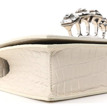Shiny Calfskin Crocodile Embossed Knuckle Jeweled Crossbody White