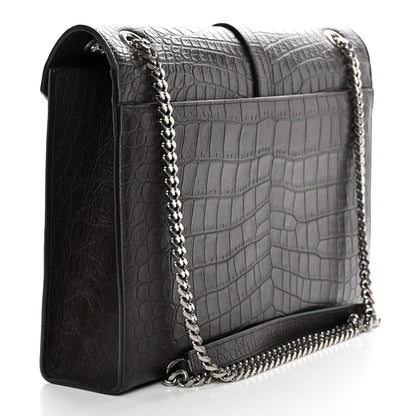 Calfskin Crocodile Embossed Large Monogram Satchel Dark Brown