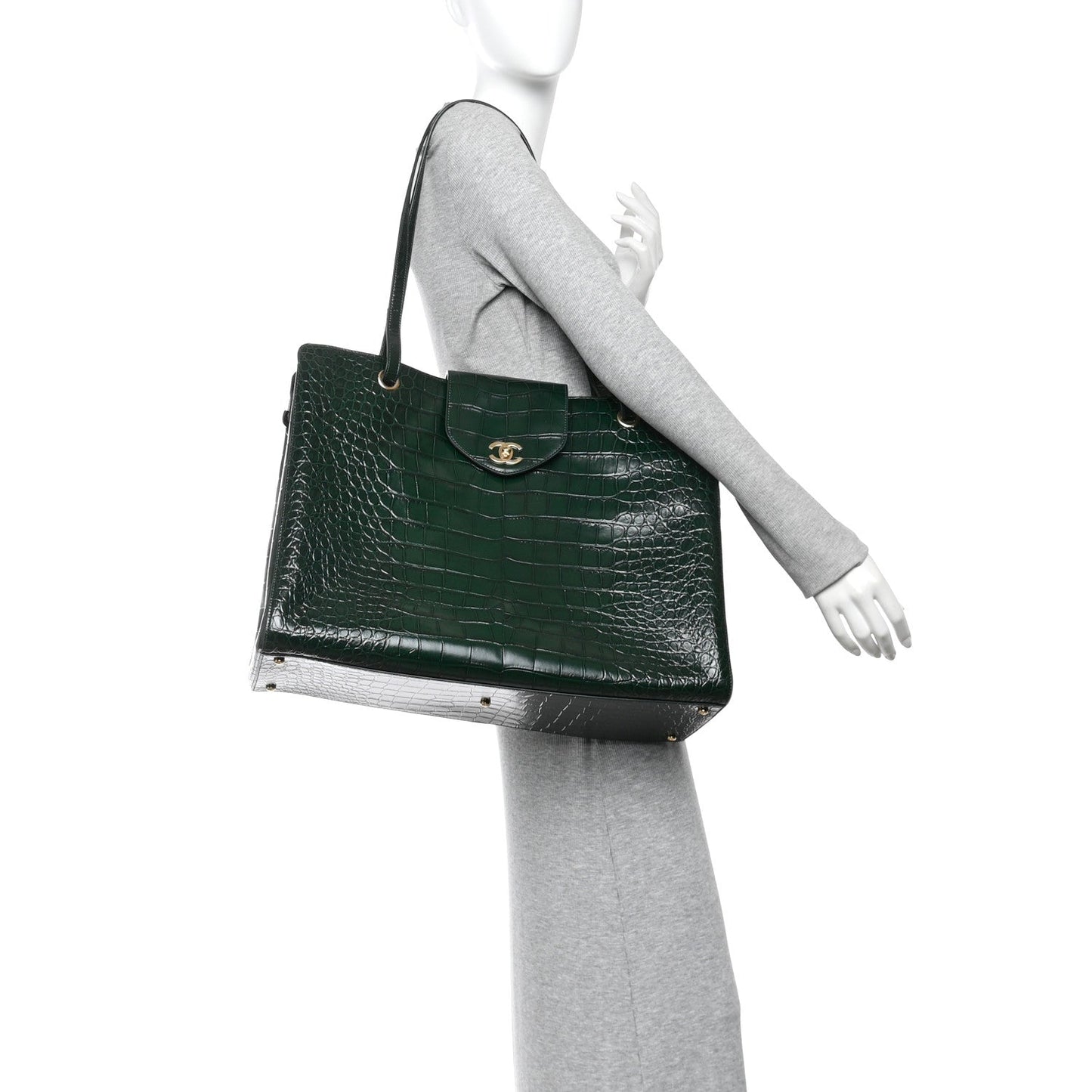 Calfskin Crocodile Embossed Large Shopping Bag Dark Green