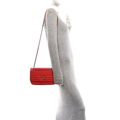 Shiny Goatskin Diagonal Quilted Medium Flap Red