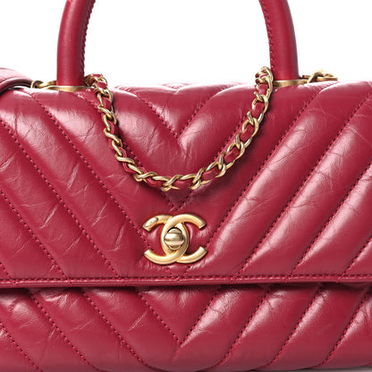 Aged Calfskin Chevron Quilted Mini Coco Handle Flap Dark Pink