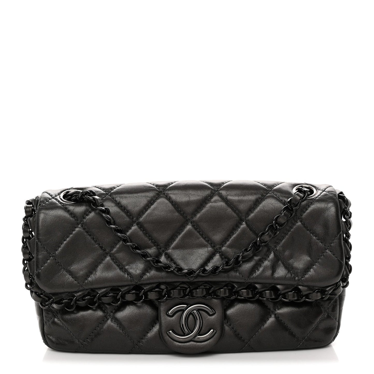 Metallic Calfskin Quilted Chain All Over Flap Bag Grey
