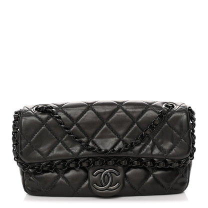 Metallic Calfskin Quilted Chain All Over Flap Bag Grey