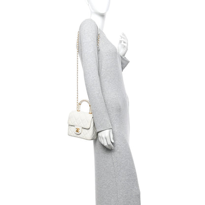 Lambskin Handle Crush Top Handle Flap Bag White