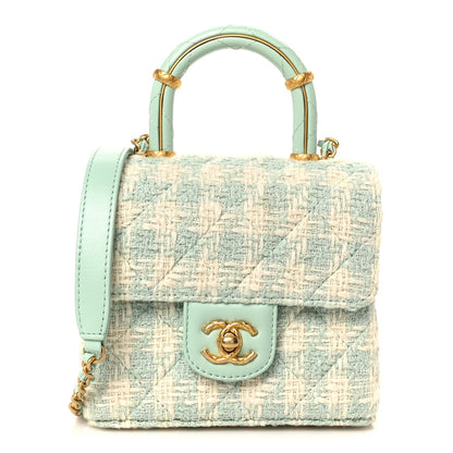 Tweed Handle Crush Top Handle Flap Bag Light Blue Ecru