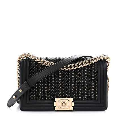 Calfskin Braided Medium Boy Flap Black