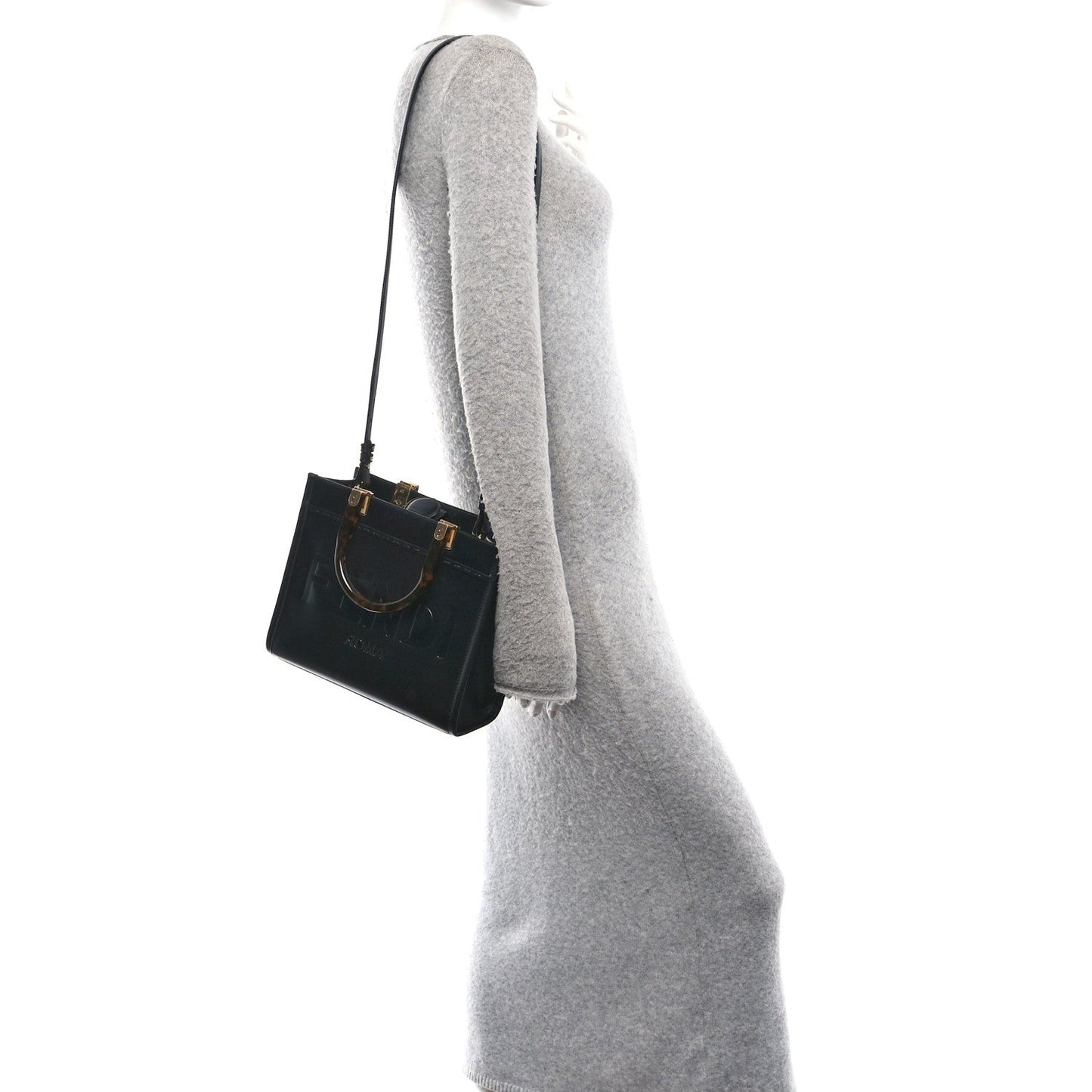 Vitello King Plexiglass Logo Embossed Small Fendi Sunshine Shopper Tote Black