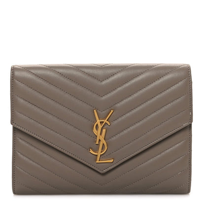 Lambskin Matelasse Chevron Monogram Cassandre Flap Pouch Dark Beige