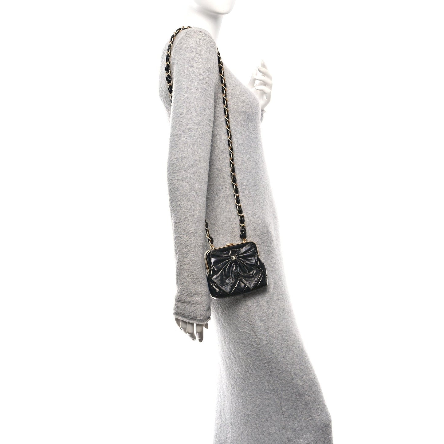 Patent Crumpled Lambskin Quilted Maxi Bow Clutch With Chain Black
