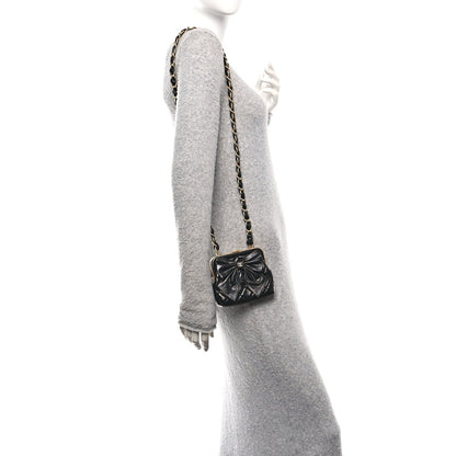 Patent Crumpled Lambskin Quilted Maxi Bow Clutch With Chain Black