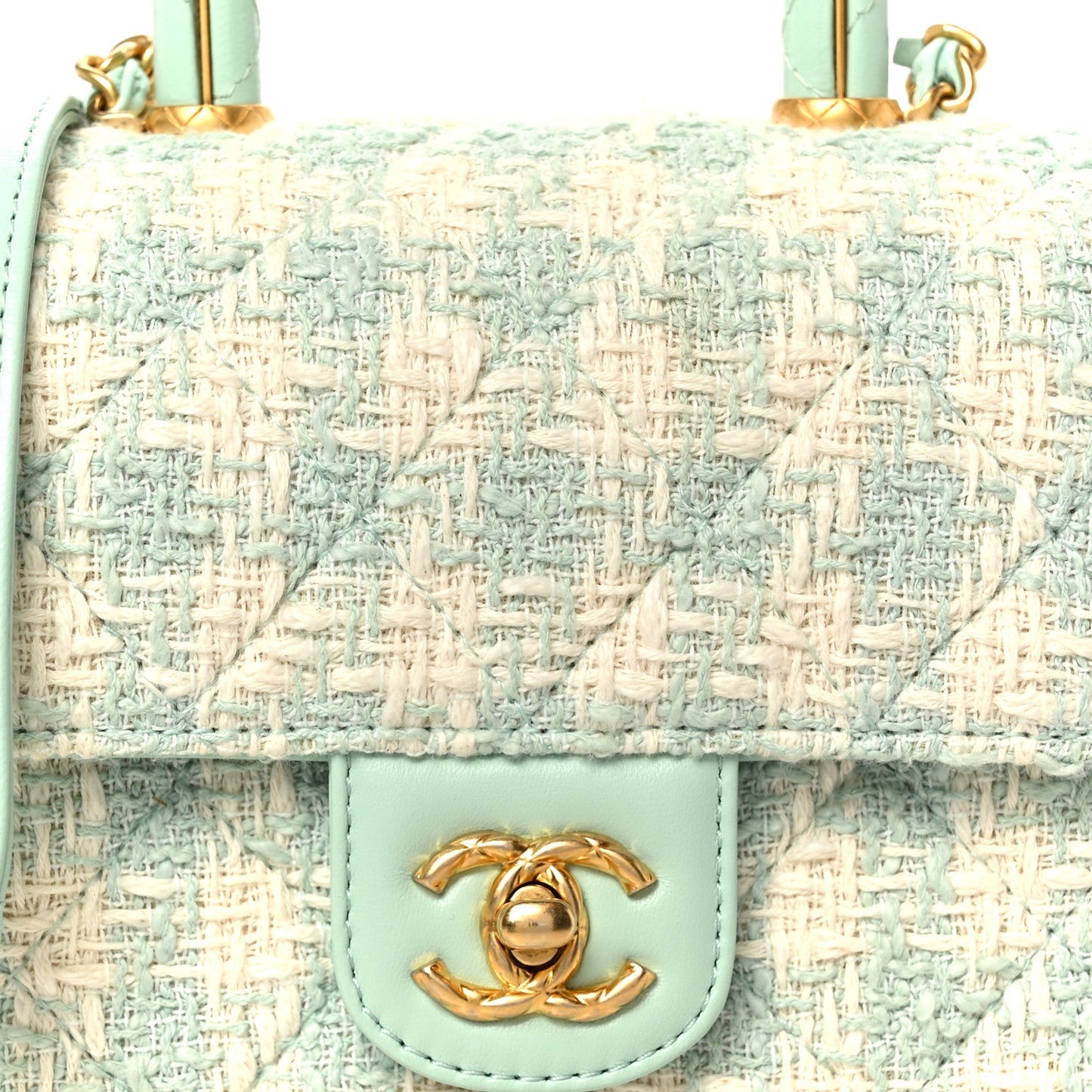 Tweed Handle Crush Top Handle Flap Bag Light Blue Ecru