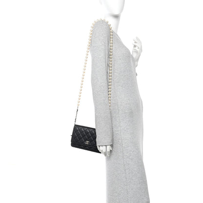 Lambskin Quilted Pearl Wallet On Chain WOC Black