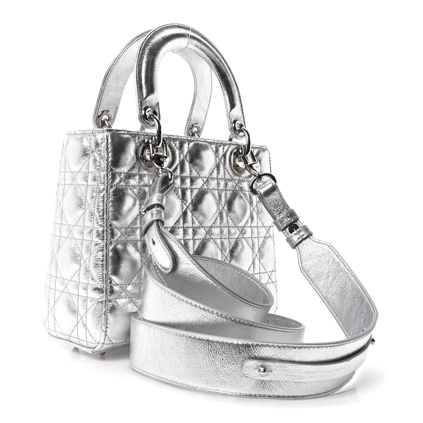 Metallic Grained Calfskin Cannage Small Lucky Badges My Lady Dior Silver
