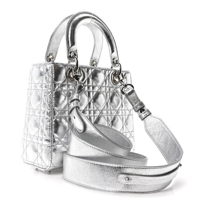 Metallic Grained Calfskin Cannage Small Lucky Badges My Lady Dior Silver