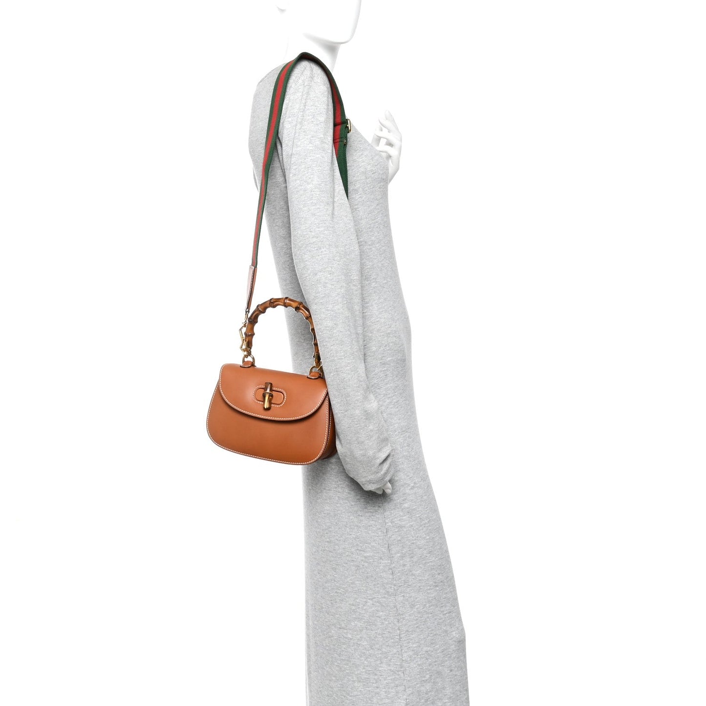 Boarded Dyana Lux Calfskin Web Small Bamboo 1947 Top Handle Bag Brown