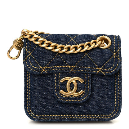 Denim Quilted Double You Flap Bag Charm Blue