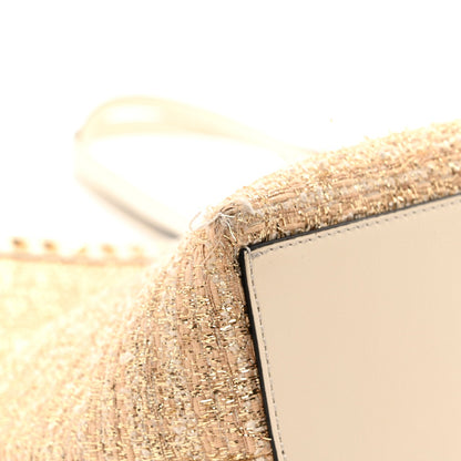 Metallic Boucle Raffia Calfskin Rockstud Shoulder Tote White Gold Ivory