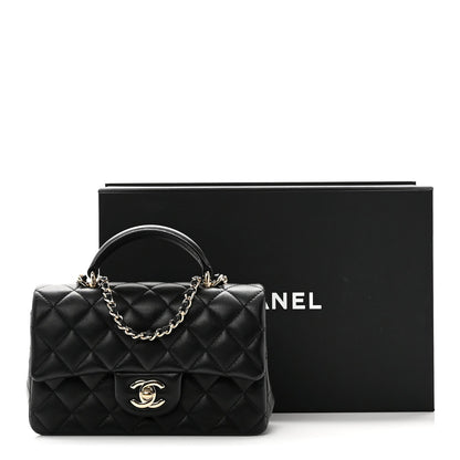 Lambskin Quilted Mini Top Handle Rectangular Flap Black