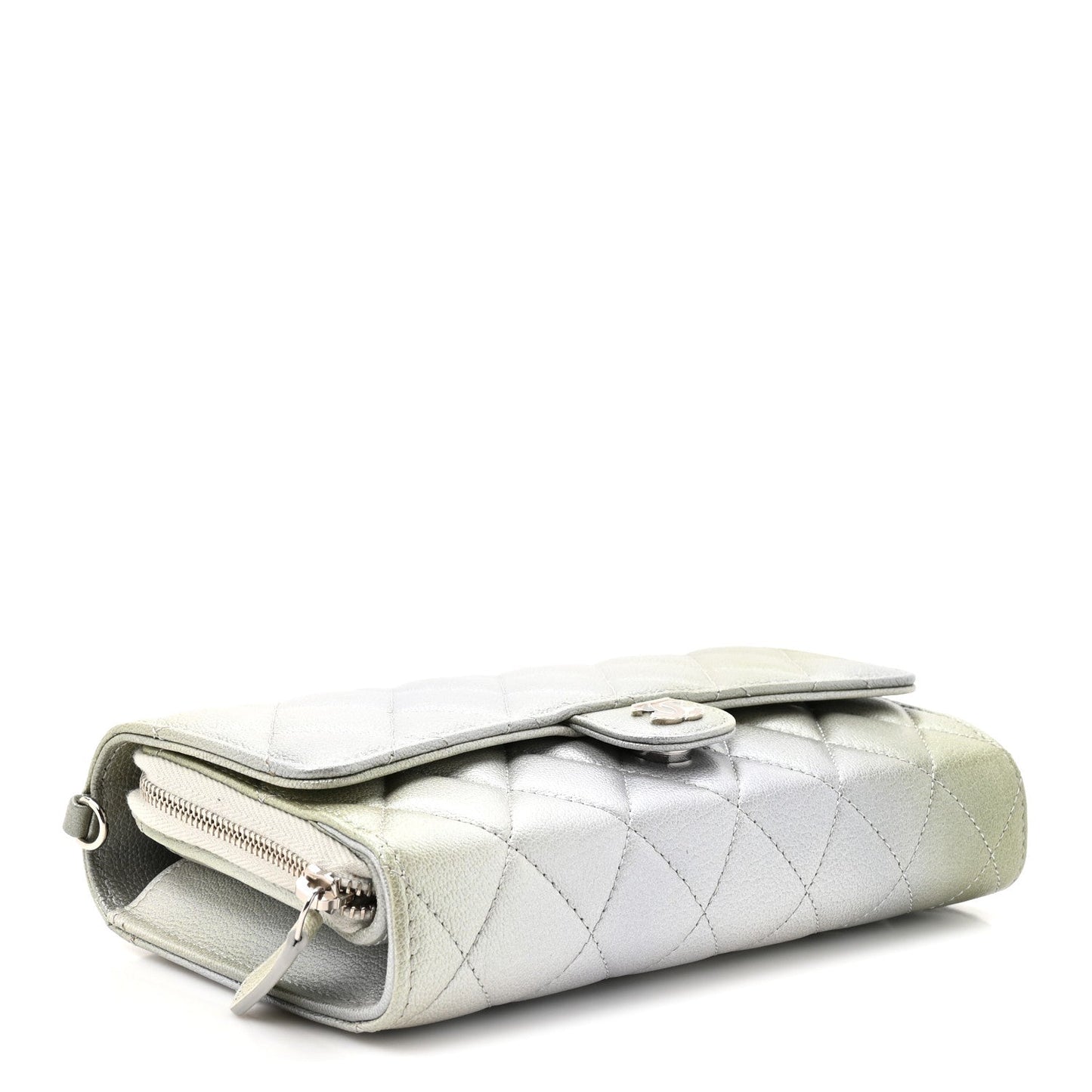 Metallic Goatskin Quilted Ombre Phone Holder Wallet on Removable Chain Grey Green