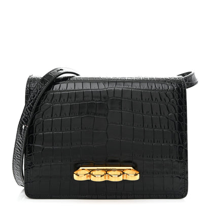 Calfskin Crocodile Embossed Four Ring Knuckle Crossbody Bag Black