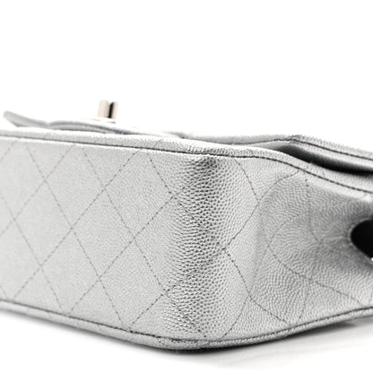 Metallic Caviar Quilted Mini Top Handle Rectangular Flap Silver