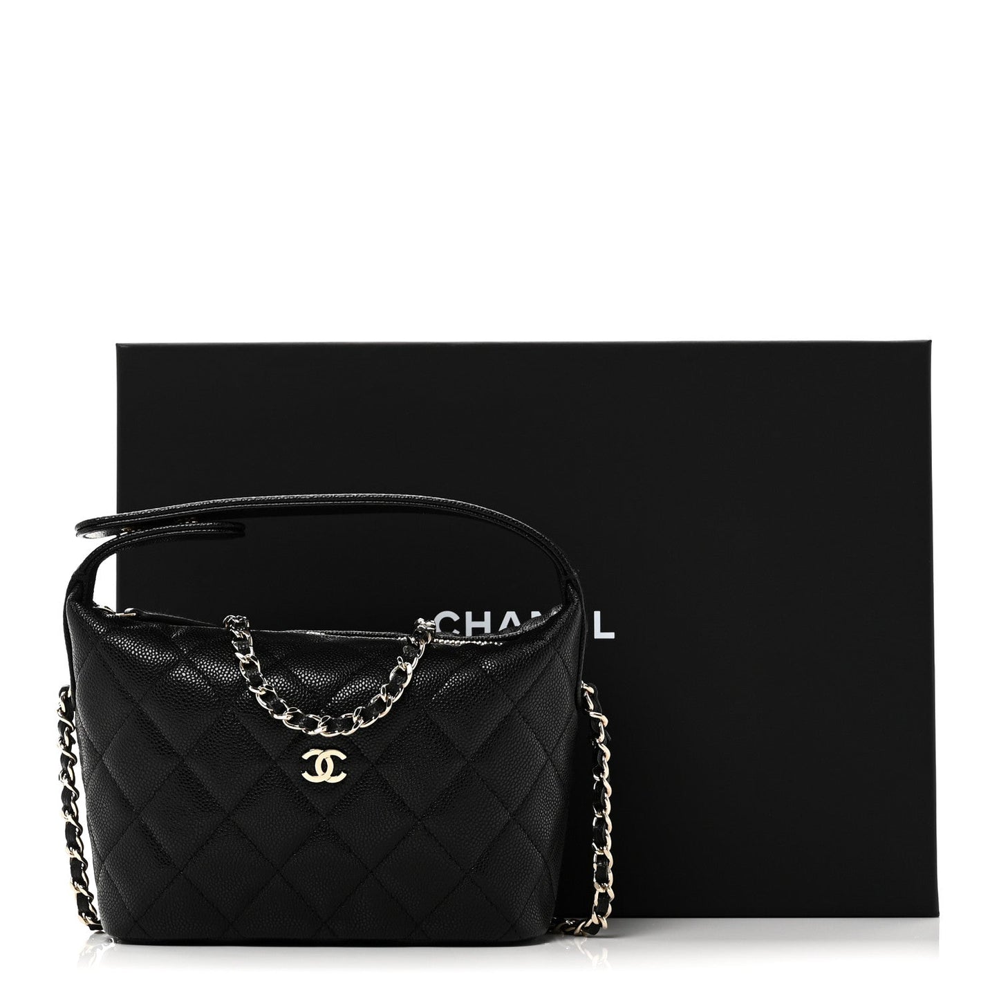 Caviar Quilted Hobo Clutch With Chain Black