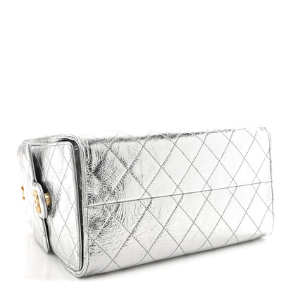 Metallic Crumpled Calfskin Quilted Small Chanel 25 Handbag Silvery