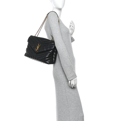 Calfskin Y Quilted Monogram Medium Loulou Chain Satchel Black