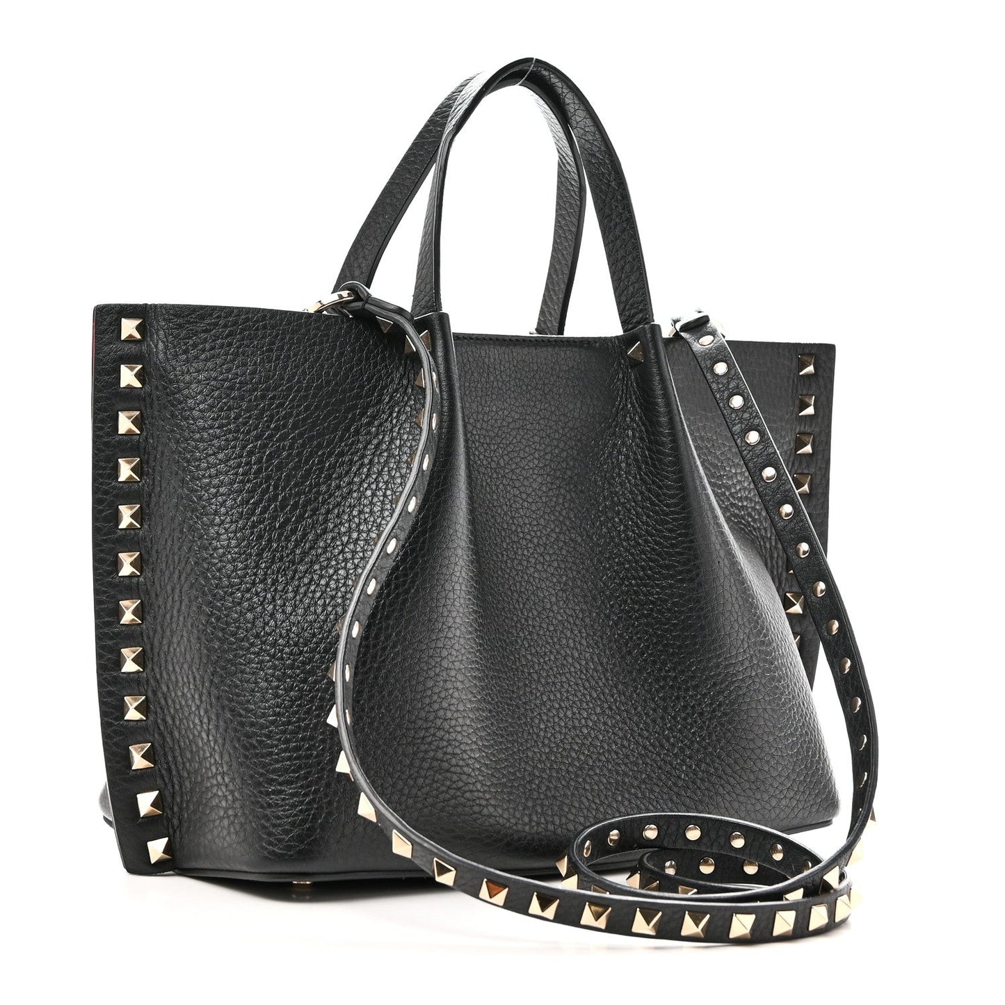 Pebbled Calfskin Small Rockstud Crossbody Tote Black