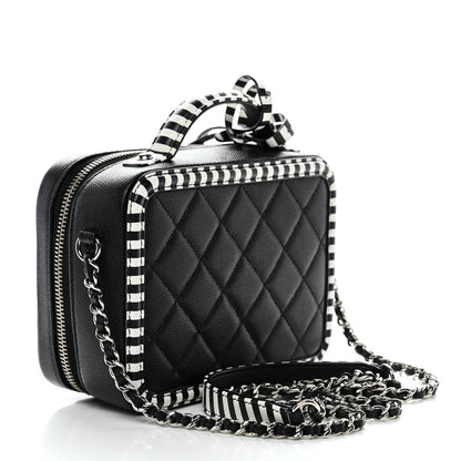 Caviar Quilted Striped Small CC Filigree Vanity Case Black White