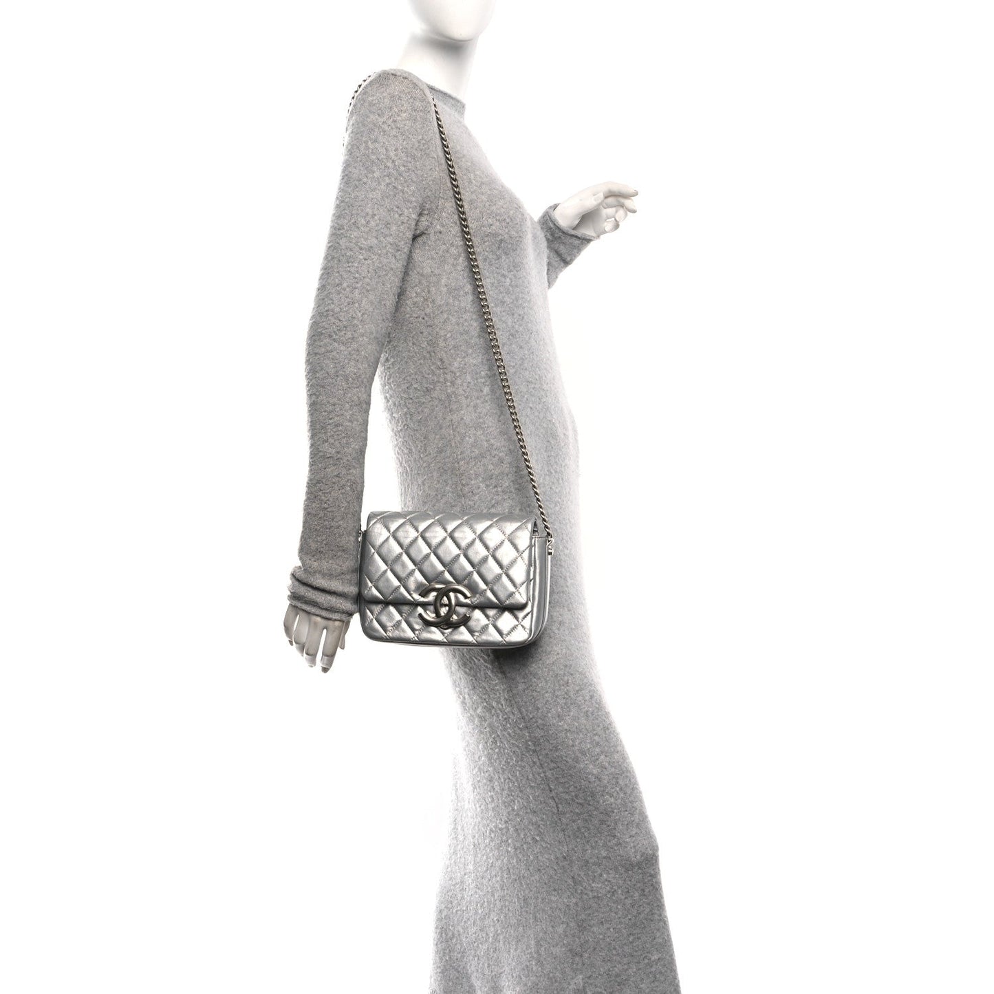 Metallic Lambskin Quilted Mini Maxi CC Flap Argent