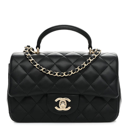 Lambskin Quilted Mini Top Handle Rectangular Flap Black