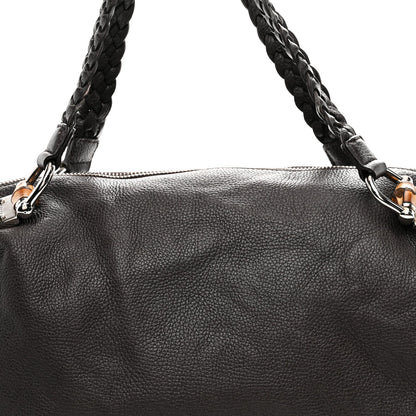 Pebbled Calfskin Large Bamboo Bar Tassel Shoulder Bag Dark Brown