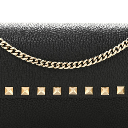 Pebbled Calfskin Rockstud Flap Wallet On Chain Black