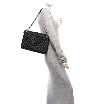 Grain De Poudre Textured Mixed Matelasse Large Triquilt Monogram Satchel Black