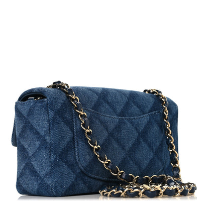 Printed Denim Quilted Mini Rectangular Flap Dark Blue