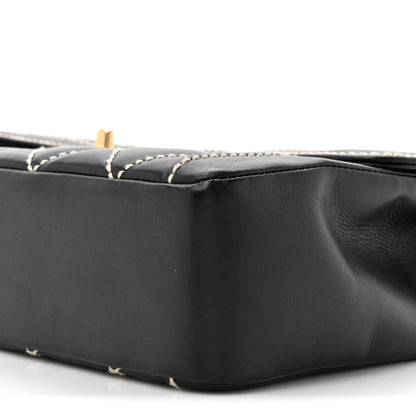 Calfskin Quilted Wild Stitch Large Top Handle Flap Black