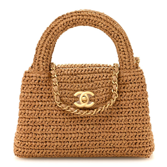 Braided Raffia Nano Kelly Flap Bag Dark Beige