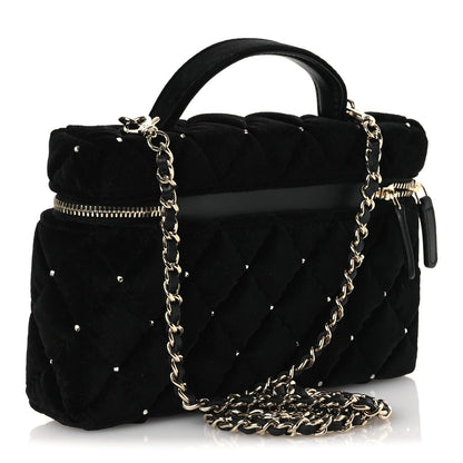 Velvet Diamanté Quilted Top Handle Slim Vanity Case With Chain Black