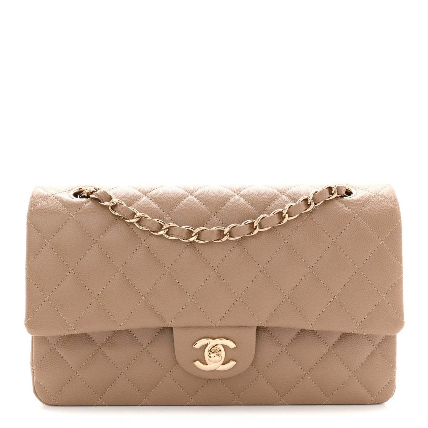 Caviar Quilted Medium Double Flap Beige