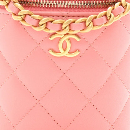 Lambskin Quilted Afternoon Tea Top Handle Vanity Case With Chain  Light Pink