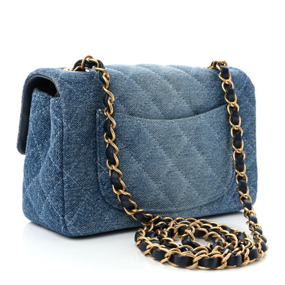Washed Denim Quilted Mini Rectangular Flap Blue