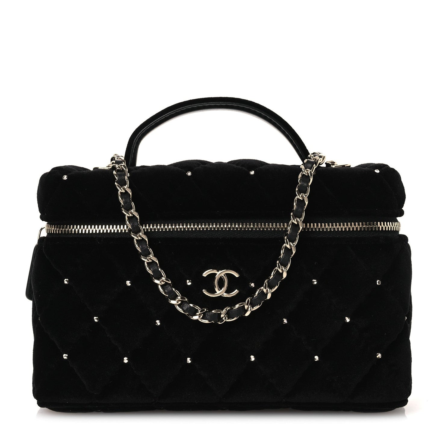Velvet Diamanté Quilted Top Handle Slim Vanity Case With Chain Black