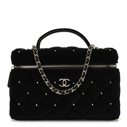 Velvet Diamanté Quilted Top Handle Slim Vanity Case With Chain Black