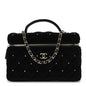 Velvet Diamanté Quilted Top Handle Slim Vanity Case With Chain Black