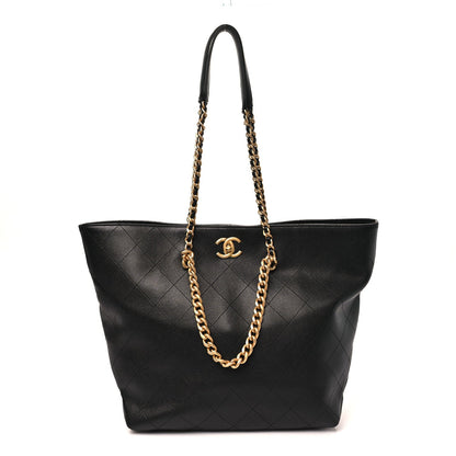 Shiny Caviar Stitched Softly Quilted Tote Black
