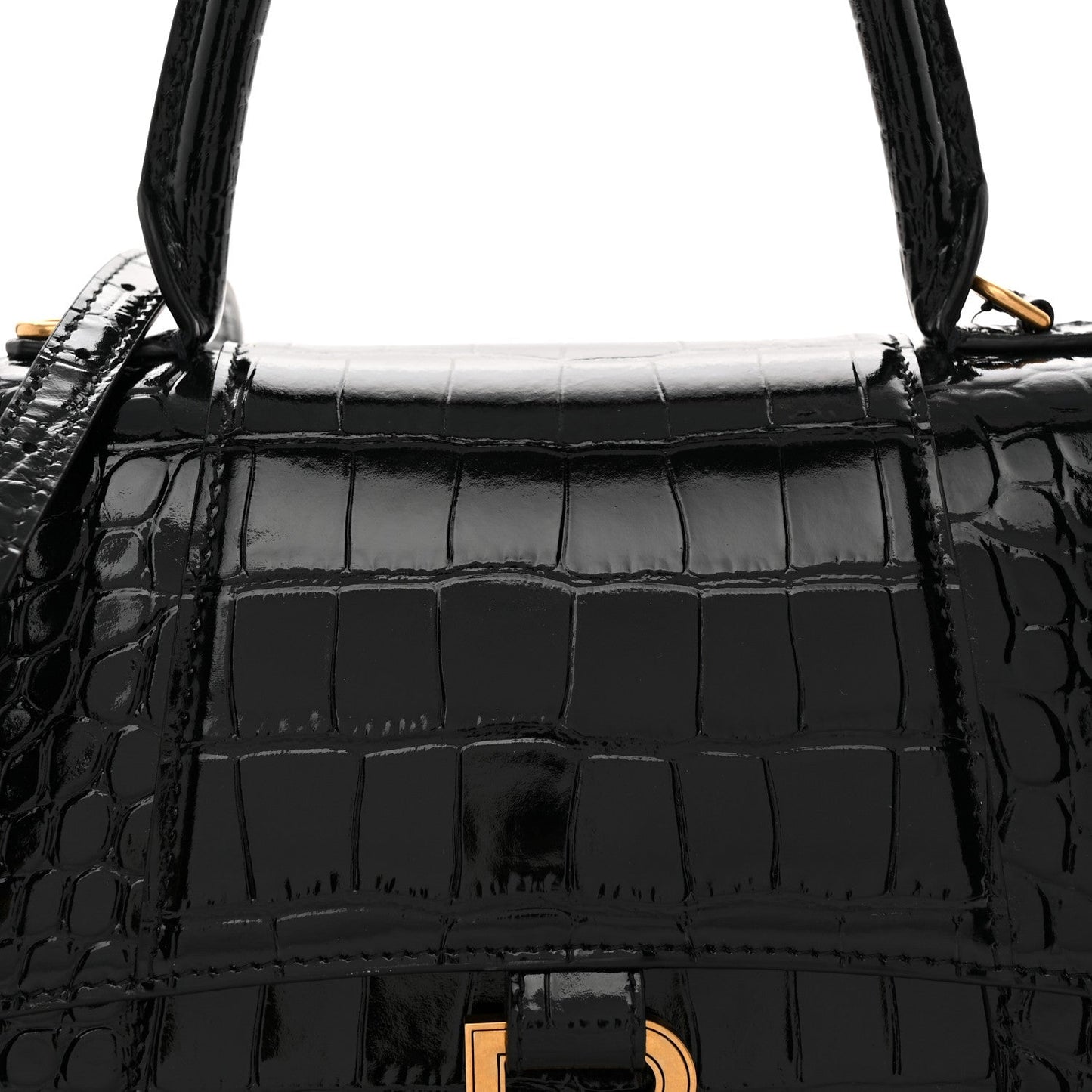 Shiny Calfskin Crocodile Embossed Small Hourglass Top Handle Bag  Black